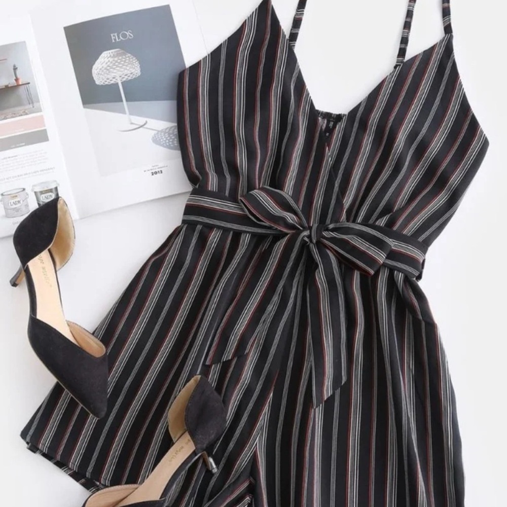 Zaful Romper with shorts black red white striped medium